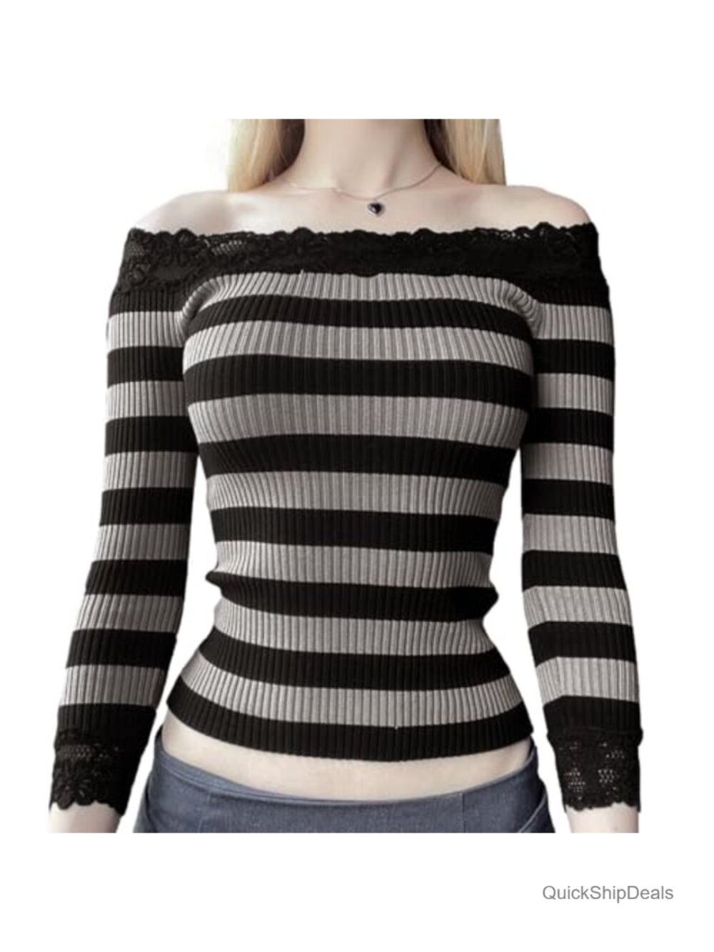Y2K Off Shoulder Long Sleeve Crop Top Lace Trim Ribbed Knit Slim Fit